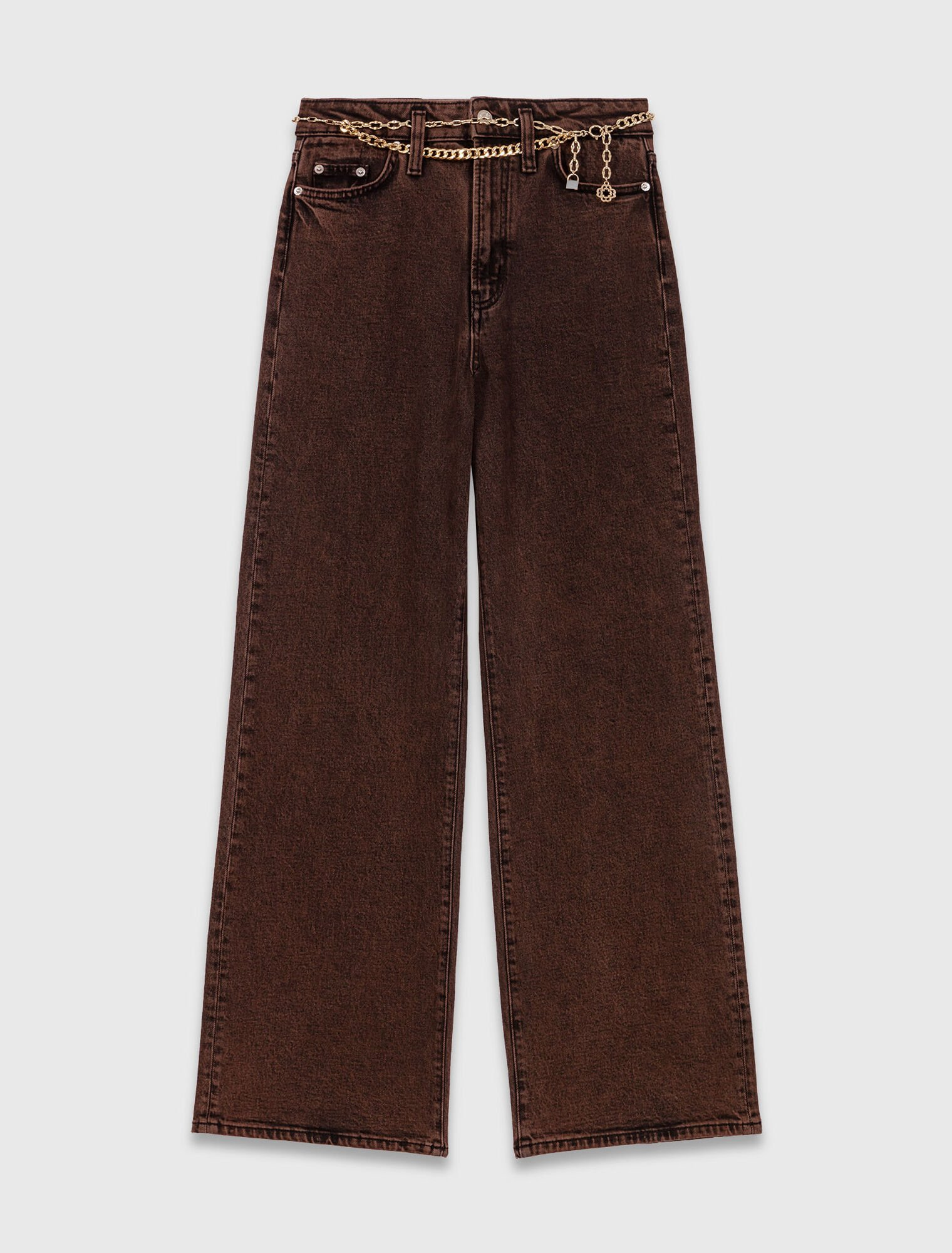 Quần jeans ống loe kèm dây xích